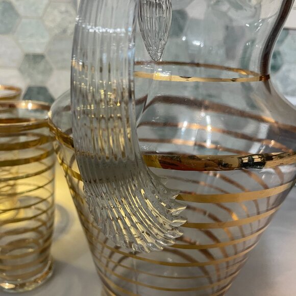 Vintage MCM Glass Serving Set, Horizontal Gold Stripes, Pitcher  & 4 Glasses - Picture 7 of 12